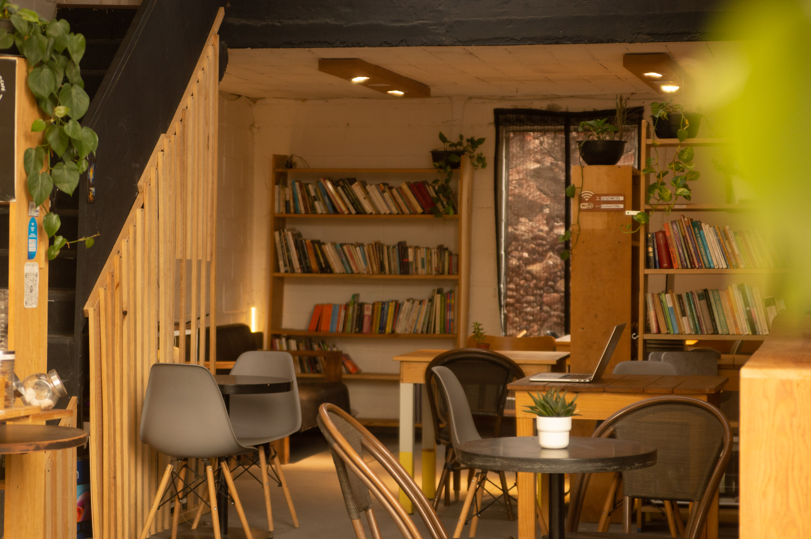 Zona de trabajo en Conejo Negro Café con mesas modernas, sillas cómodas y estantería de libros